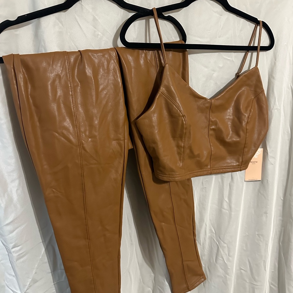 Brown faux leather Women's two piece set